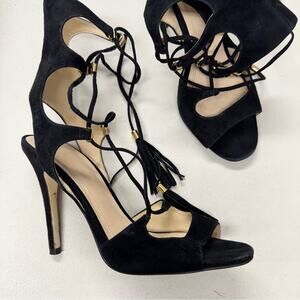 Marc Fisher Black Suede Strappy Lace Up Stiletto Heels Womens 7.5 Mllarsa Fringe